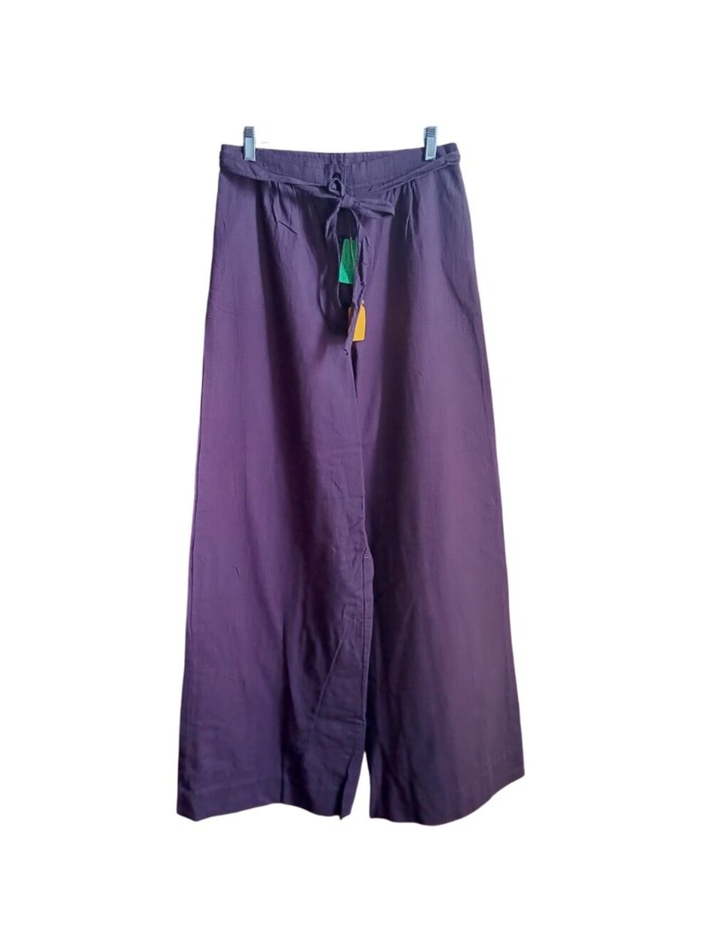 True Vintage Pants Medium 13-14 1970's Boho Wide-Leg Purple Linen Belt Tie India